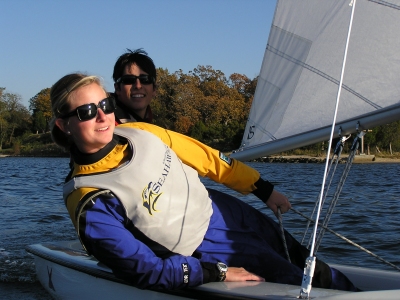 Melissa Pumphrey, center, pictured with teammate Derrick Vranizan, recently received an All Academic award from the ICSA for excellence in both sailing and academics.