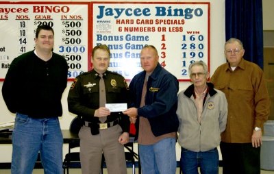 Waldorf Jaycees, Lions, donated $25,000 for Charles County Sheriff’s Office Tasers. Pictured from left to right are Jaycees President Eric Vrem, Lions president and Sheriff’s Capt. Mike McGuigan, Jaycees Past President and Sheriff’s Sgt. Paul Gregory, Lions member John Grimes and Jaycees Foundation President Dick Gregory. (Photo: CCSO)
