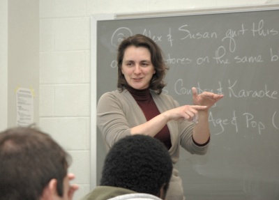 St. Mary's College of Maryland Professor Katherine Socha in the classroom. Socha was honored with the Henry L. Alder Award for Distinguished Teaching and the Lester R. Ford Award by the Mathematics Association of America (MAA) at MathFest 2008 in Madison, Wisconsin. (Photo: Marc Apter/SMCM)