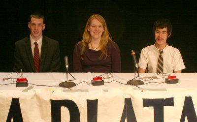 The La Plata High School It's Academic team, pictured from left, of Captain Tyler Fini, Rachel Clark and Alex Smith, won first place in the regional Charles County Public Schools competition, held Dec. 9 at the College of Southern Maryland. The team will compete against Blake and Wakefield high schools in January in a regional competition to be aired March 20 on WRC TV (NBC 4). (Submitted photo)