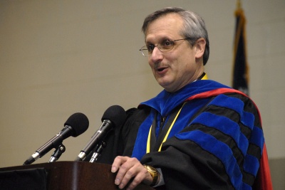 CSM President Dr. Bradley Gottfried speaks to students during CSM's 2009 winter commencement ceremony Jan. 15. Gottfried says he wants to reach as many students as he can with his 'Against All Odds' Endowment. "If I can keep students from worrying about paying back student loans or help keep them on track instead of cutting back because of costs, then maybe they can see their way through college as I did.”
