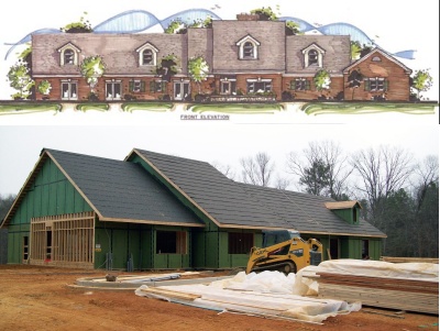 An artist's rendering of the new St. Mary's Hospice House, located in Leonardtown near the hospital, and the current state of the construction. (Submitted photo, art)