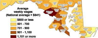 Average weekly wages by county in Maryland, second quarter 2008 (Based on preliminary Bureau of Labor Statistics data). Click for larger image.