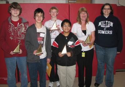First-place team, Milton Somers Middle School. Left to right: Alex Hartline, Alex Smith (also placed first in the target and sprint rounds and second in the countdown round), Bobby Keim, Harshal Jariwala, Coach Heather Johnson, and Coach Jen Craigmile. (Submitted photo)