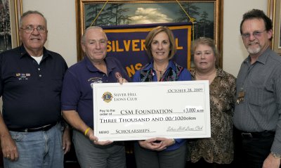 The Silver Hill Lions Club has donated $3,000 to the College of Southern Maryland, bringing the total given to $9,000. From left are Mel Anderson, treasurer, Silver Hill Lions Club; Phillip Eppart, president, Silver Hill Lions Club; Michelle Goodwin, CSM vice president of advancement; Sandi Halderman, 1st vice district governor, Lions District 22-C; and Rich Barb, 2nd vice district governor, Lions District 22-C and immediate past president of the Silver Hill Lions Club. (Submitted photo)