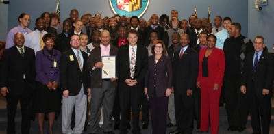 The McDonough Rams football team is recognized by the Charles County Commissioners for bringing home the 2A State Football Championship. [click photo for larger rendition] (Submitted photo)