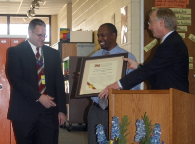 Maryland Comptroller Peter Franchot, pictured right, presents Piccowaxen Middle School Principal Kenneth Schroeck, left, and Piccowaxen Building Service Manger Raymond Lancaster, pictured center, with a 2010 Silver Hammer Award. The award recognize schools for superior maintenance. (Submitted photo)