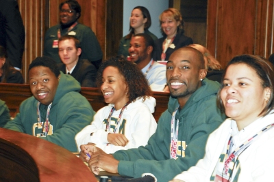 CSM students attending the Student Advocacy Day rally, sitting in the their legislator’s chairs in the Joint Hearing Room of the Legislative Services Building, included from left, Kayode Bello, Tiffany Bridges, CJ Jackson and Jasmine Wade. (Photo: CSM)