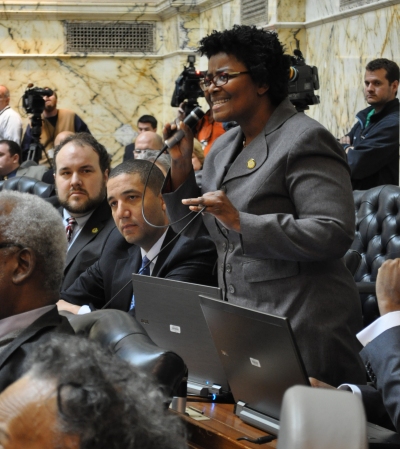 Delegate Mary Washington, an openly gay Baltimore Democrat, speaks to the House of Delegates Friday during the same-sex marriage floor debate. (Photo: Kerry Davis)