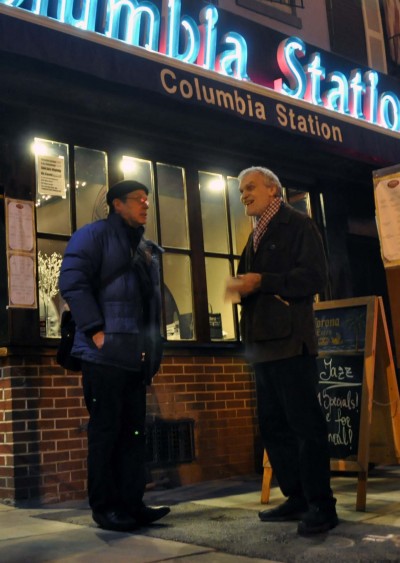 Peter Edelman, pictured left, talks with saxophonist Knud Jensen during a break between sets at the Columbia Station jazz club in Adams Morgan. (Photo: Josh Cooper)