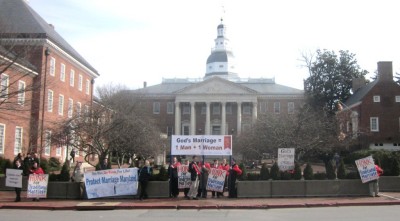 A dozen or so demonstrators from the American Soc. for the Defense of Tradition, Family and Property today in Annapolis. (Photo: MarylandReporter.com)
