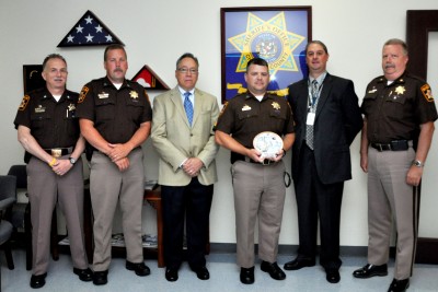 Pictured from left to right are Lt. Col. Joseph C. Montminy, Jr., Chief Assistant Sheriff; Capt. Daniel Gimler, commander of the Patrol Division; Knights of Columbus Chancellor Calvin Bowie; Sgt. John Hastings; Knights of Columbus Deputy Grand Knight Mark Shutters; and Major Rob Cleaveland, Assistant Sheriff of Operations. (Submitted photo)
