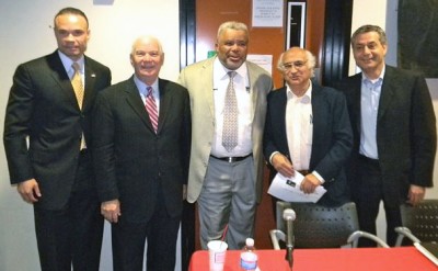 At WOLB debate, from left: Dan Bongino, Ben Cardin, Larry Young, Dean Ahmad and Rob Sobhani. (Photo: MarylandReporter.com)
