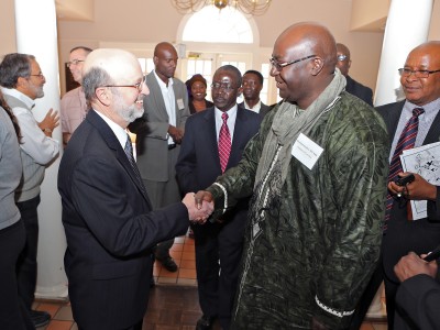 St. Mary’s College of Maryland President Joseph Urgo (left); the Gambian Ambassador to the U.S. Alieu M. Ngum (center); and Vice Chancellor of the University of The Gambia Muhammadou M.O. Kah (right). (Photo: Bill Wood)