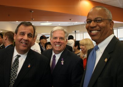 In Bethesda’s Original Pancake House, from left, N.J. Gov. Chris Christie, Larry Hogan Jr, running for Md. governor, and his running mate, Boyd Rutherford. (Photo: Glynis Kazanjian)