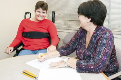 CSM Student Jamie Cusick, left, is joined by her mother, Cheryl Cusick, at the La Plata Campus Testing Center for a proctored mathematics exam.