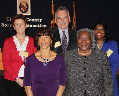 The Board of Education honored employees for 45, 40, 35, 30 and 25 years of service on April 10. Recognized for 45 years of service were, front row from left, Rosalee Reeves, third-grade teacher, J.P. Ryon Elementary School; and Concitta Walls, college and career advisor, Henry E. Lackey High School. Honored for 40 years of service were, back row, from left: Lucile Rice, instructional specialist, Piccowaxen Middle School; William Fisher, fifth-grade teacher, Dr. Thomas L. Higdon Elementary School; and Cynthia Baker, director, hearing officer/court liaison, Jesse L. Starkey Administration Building.