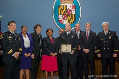 Pictured above (left to right): John Filer, Department of Emergency Services; Commissioner Debra. M Davis, Esq. (District 2); Commissioner Vice President Ken Robinson (District 1); Commissioner Amanda M. Stewart, M.Ed. (District 3); Commissioner Bobby Rucci (District 4); James Sires; William Stephens, Department of Emergency Services; Commissioner President Peter F. Murphy; and William Smith, Charles County Volunteer Fire and EMS.
