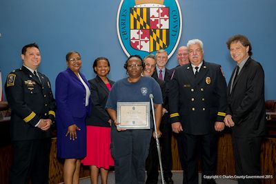 Pictured above (left to right): John Filer, Department of Emergency Services; Commissioner Debra M. Davis, Esq. (District 2); Commissioner Amanda M. Stewart, M.Ed. (District 3); Tina Hagens, Department of Emergency Services; Commissioner Bobby Rucci (District 4); Commissioner President Peter F. Murphy; William Stephens, Department of Emergency Services; William Smith, Charles County Volunteer Fire and EMS; and Commissioner Vice President Ken Robinson (District 1).