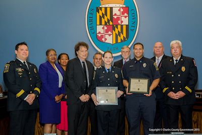 Pictured above (left to right): John Filer, Department of Emergency Services; Commissioner Debra M. Davis, Esq. (District 2); Commissioner Amanda M. Stewart, M. Ed. (District 3); Commissioner Vice President Ken Robinson (District 1); Commissioner Bobby Rucci (District 4); Tracey Kellner, Department of Emergency Services; Commissioner President Peter F. Murphy; Peter Marshall, Department of Emergency Services; William Stephens, Department of Emergency Services; and William Smith, Charles County Volunteer Fire and EMS. Not pictured: Officer Ray Brooks, Charles County Sheriff's Office.