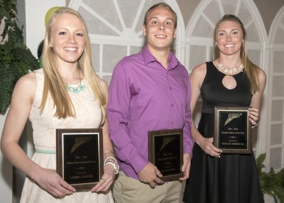 CSM student athletes Laura Shaner, left, of Leonardtown, Sean Bucior, of Mechanicsville, and Taylor Superior, of Leonardtown, display their plaques at the 2014-15 Athletic Banquet held at the Greater Waldorf Jaycees Center April 22. Shaner earned the Student-Athlete Scholar of the Year Award, Bucior earned the Male Athlete of the Year Award and Superior earned the Female Athlete of the Year Award.