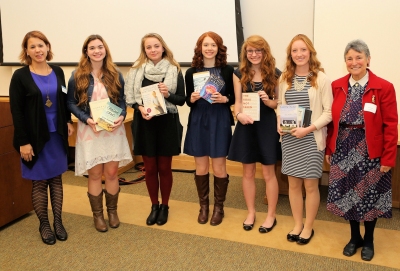 Shown in photo from left to right: Angie Draheim (SMCM Zeta Chapter president), Cristalyn Doig (King’s Christian),Victoria Tacquard (Great Mills), Alexis Spiotta (Chopticon), Casey Bacon (Leonardtown), Grace Goodley (St. Mary’s Ryken), and Laraine Glidden (SMCM acting provost and dean of faculty).