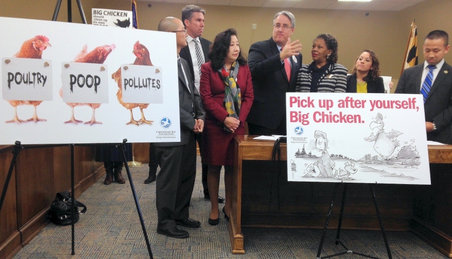 Sen. Richard Madaleno, D-Montgomery, flanked by contract farmers and fellow lawmakers, spoke to a group of lobbyists and journalists assembled before him about the Poultry Litter Act on February 2, 2016, in Annapolis, Maryland. (Photo: Josh Magness)