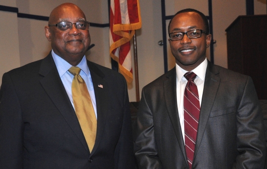 DAHLGREN, Va. - Dr. William Bundy, Gravely Naval Warfare Research Group director, and Michael Hobson, Naval Surface Warfare Center Dahlgren Division (NSWCDD) Black Employment Program manager (right), meet after Bundy's keynote speech at the NSWCDD 2016 Black History Month Observance, Feb. 11. In his speech, Bundy - a retired Navy Captain who began his Navy career as a sonar technician - reflected on the lives and service of African-Americans, especially those who died in combat, making the land and seas from Pearl Harbor to the skies over Korea hallow. (U.S. Navy photo by Barbara Wagner/Released)
