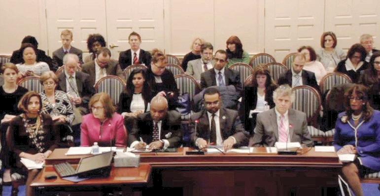 A panel testifying for bills eliminating contested judicial elections included, far left, former judge Donna Hill Staton and Chief Judge Mary Ellen Barbera.