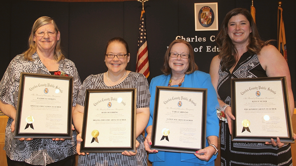Pictured from left are Patricia Stokes, a special education teacher at William A. Diggs Elementary School; Ruby Duehring, a theater arts teacher at Thomas Stone High School; Tara Cardano, a language arts teacher at General Smallwood Middle School; and Kelly Suter, a prekindergarten teacher at J.P. Ryon High School.