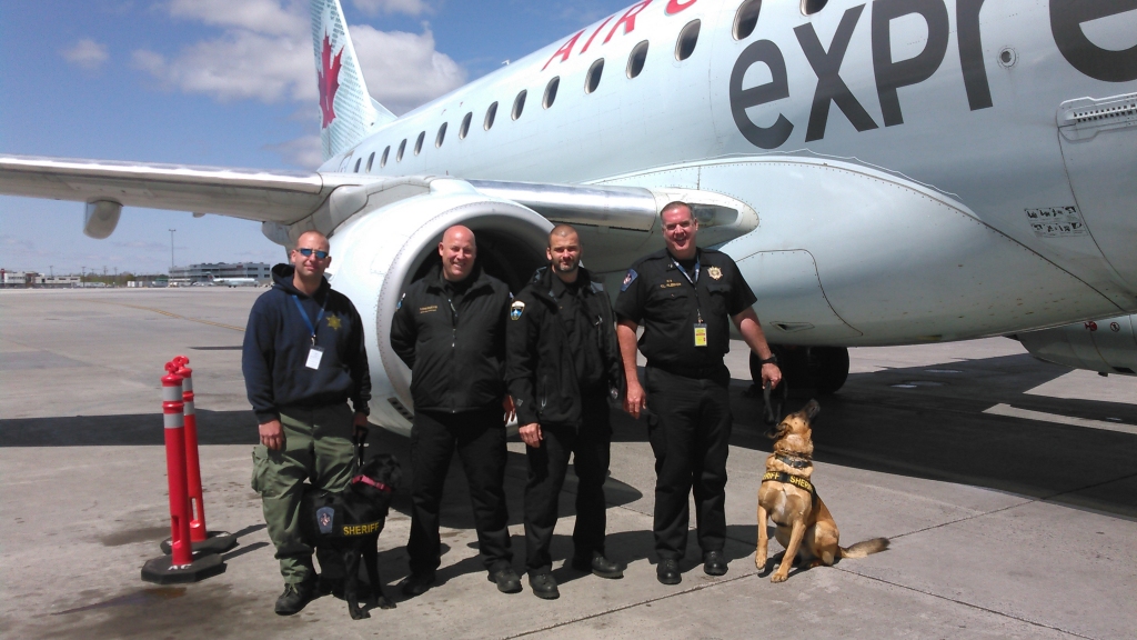 Canine (K9) Officers Cpl. Todd Fleenor and Cpl. Shawn Cathcart traveled to Montreal, Canada, during the week of May 15-19, 2016, to participate in canine officer training exercises with their canine explosive-detection partners, Filly and Jasmine. (Photo: SMCSO)
