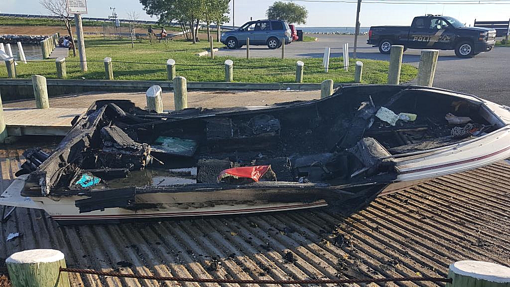 This 31-year-old boat is a total loss after it exploded and burned Sunday at the Piney Point launch ramp. (Photo: Md. Natural Resources Police)
