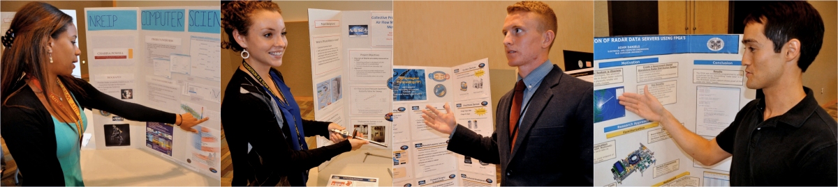 From left to right: Florida State University student Charisa Powell presents her research on the "Development of Software Tools for Simulation Prototypes." Western Kentucky University student Abbie Schopper explains a prototype pitot static air velocity probe tested for use in a shipboard duct. Virginia Commonwealth University student Alex Kniffin presents his research on "Wide-Aperture Forecasting." Old Dominion University student Adam Daniels presents his research on an "FPGA (field-programmable gate array) Programmer." These four are among 22 students who completed their internships at Naval Surface Warfare Center Dahlgren Division (NSWCDD). The Naval Research Enterprise Intern Program (NREIP) encourages students to pursue science and engineering careers, furthers education via mentoring and their participation in research, and makes them aware of Navy research and technology efforts, which can lead to civilian employment within the Navy. (U.S. Navy Photos by John Joyce/Released)