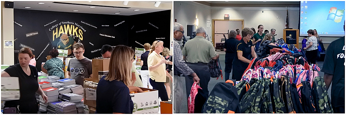 Left photo: College of Southern Maryland employees and volunteers from the community made quick work of organizing schools supplies for the Charles County Children's Aid Society's annual backpack giveaway to local schoolchildren. Right photo: College of Southern Maryland staff and faculty, along with community volunteers, organize backpacks for the Charles County Children's Aid Society's annual back-to-school project. Fifteen hundred backpacks were filled with school supplies and then distributed at the CSM La Plata Campus to students in elementary, middle and high school.