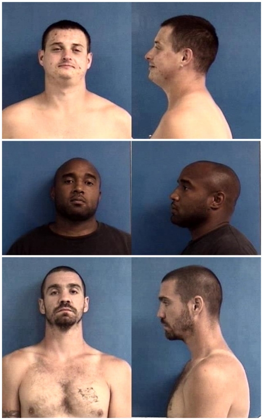 Top to bottom: Eric Gallodoro, 26, of Lusby; Chester Jones, 37, of North Beach; and Jeremy Smith, 29, of Monroe, Michigan. Booking photos via CalCoSO.