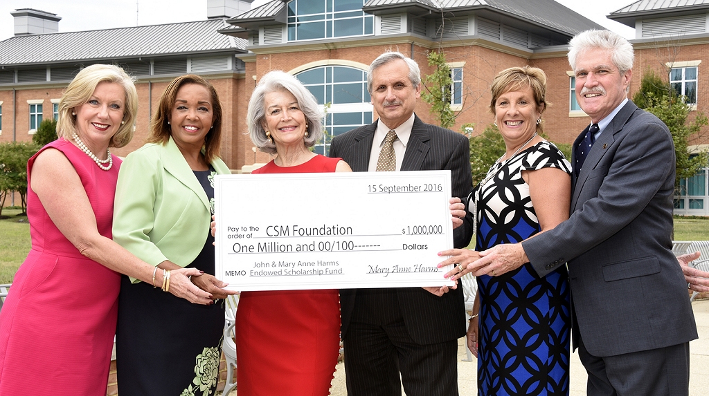 With a vision to positively impact students and their futures, philanthropist, astute businesswoman and developer Marianne Harms of Huntingtown has made a $1 million gift to provide scholarships for students at the College of Southern Maryland. From left are CSM Foundation Director Dixie Miller, CSM Foundation Chair Rane Franklin, Harms, CSM President Dr. Brad Gottfried, CSM Vice President of Advancement Michelle Goodwin and CSM Vice President Prince Frederick Campus Dr. Rich Fleming.
