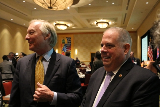 Comptroller Peter Franchot and Gov. Larry Hogan answer questions at the Greater Bethesda Chamber of Commerce breakfast on Friday, Oct. 21. (Photo: Vickie Connor)