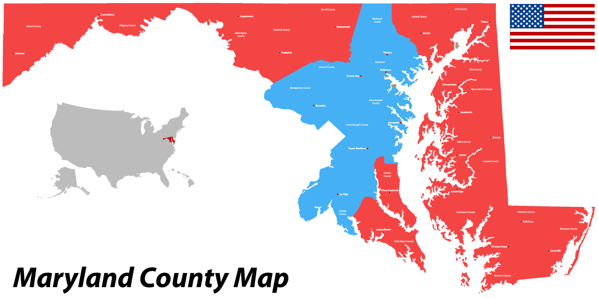 This map shows which counties went Republican (red) vs Democrat (blue). The urban areas surrounding the D.C. and Baltimore opposed the rest of the state in their desire for Hillary.