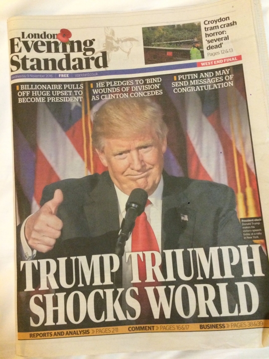London's Evening Standard front page reflects the global reaction to Donald Trump's upset victory. (Photo: Mina Haq)