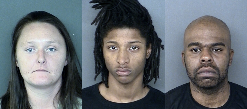 Left to right: Crystal Ann Hebb, age 27, of Lexington Park; Machiavelli Tyzhae Savoy, age 18; and James Richard Nelson, Jr., a/k/a "Face," age 35. (police booking photos)