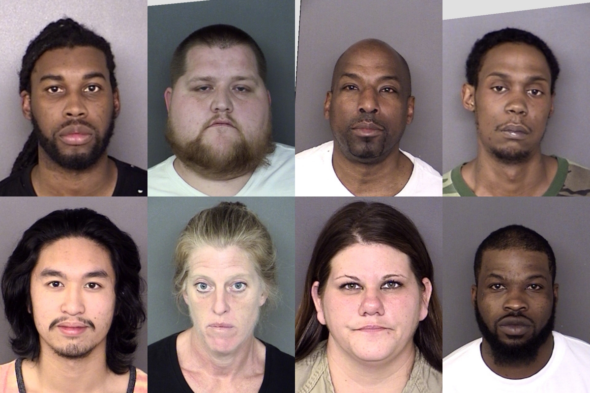 Top row: Gregory Trmyne Shingles, a/k/a "6-9," 31, of Mechanicsville; James Wesley Hughes, 28, of Lexington Park; Francis Xavier Hill, a/k/a "Opossum," 47, of Lexington Park; and Javar Charles Nolan, 30, of Mechanicsville. Bottom row: Jefferson Canallero Cabral, 18, of California; Heather Jeanette Dickerson, 46, of Mechanicsville; Gina Marie Krouse-Boswell, 32, of Prince Frederick; and Durez Lindell Creek, 28, of Lexington Park. (Booking photos via SMCSO)
