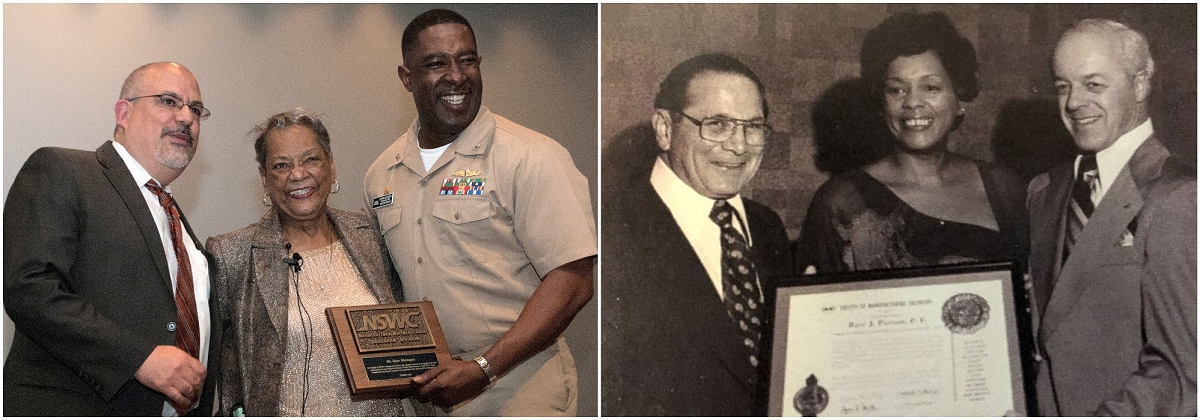 Left photo: DAHLGREN, Va. (April 4, 2017) - Naval Surface Warfare Center Dahlgren Division (NSWCDD) leaders present a plaque to Raye Montague in appreciation of her keynote speech at the command sponsored Women's History Month Observance. Montague was the first person to design a U.S. Navy ship - the USS Oliver Hazard Perry (FFG-7) - using a computer, revolutionizing naval ship design. The Navy's "hidden figure" spoke about her life and career experiences, sharing her words of wisdom to all gathered at the Naval Support Facility (base) theater to celebrate the observance. Standing left to right: NSWCDD Technical Director John Fiore; Montague; and NSWCDD Commanding Officer Godfrey 'Gus' Weekes. (U.S. Navy Photo by Bill Tremper/Released). Right photo: Raye Montague - the Navy's 'hidden figure' - is presented with an award in this undated photograph. Montague was the keynote speaker at a National Women's History Month Observance held at Naval Support Facility Dahlgren in April 2017. Montague was the first person to design a U.S. Navy ship and served as the Program Manager of Ships (PMS-309) for the Naval Sea Systems Command Information Systems Improvement Program. As program manager, she was responsible for five field activities, comprising a staff of 250 people and was in charge of procurement and purchase of CAD/CAM equipment for 111,000 people. (Photo courtesy Raye Montague)