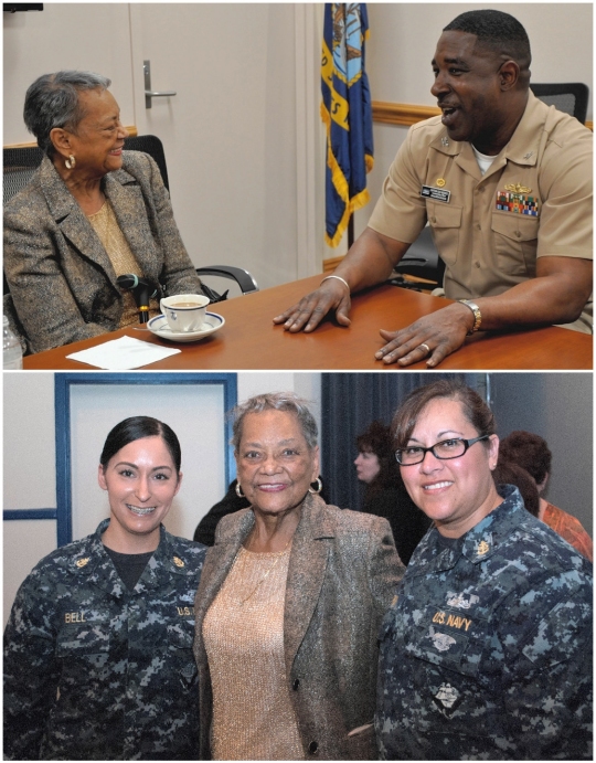 Top photo: DAHLGREN, Va. (April 4, 2017) - The Navy's 'hidden figure' Raye Montague and Naval Surface Warfare Center Dahlgren Division (NSWCDD) Commanding Officer Capt. Godfrey 'Gus' Weekes meet at NSWCDD headquarters prior to Montague's keynote speech at a National Women's History Month Observance. Montague was the first person to design a U.S. Navy ship - the USS Oliver Hazard Perry (FFG-7) - using a computer, revolutionizing naval ship design. (U.S. Navy Photo by John Joyce/Released) Bottom photo: DAHLGREN, Va. (April 4, 2017) - Navy Chief Petty Officers are pictured with retired Navy engineer Raye Montague after her keynote speech at a Women's History Month Observance held at Naval Support Activity South Potomac, comprising bases at Indian Head, Md., and Dahlgren. Montague was the first person to design a U.S. Navy ship - the USS Oliver Hazard Perry (FFG-7) - using a computer, revolutionizing naval ship design. The Navy's "hidden figure" spoke about her life and career experiences, sharing her words of wisdom to all gathered at the base theater to celebrate the observance. (U.S. Navy Photo by Bill Tremper/Released)