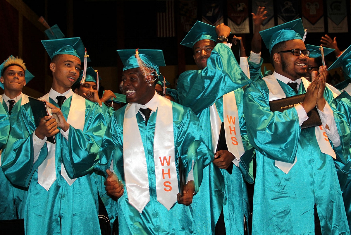 Westlake High School students celebrate at the conclusion of graduation ceremonies June 3. Pictured from left are Larry Clyburn, David Bennett II, Tre'Vhon Bethune, Killy Bins and Wesley Brooks-Jones. (Photo: CCPS)