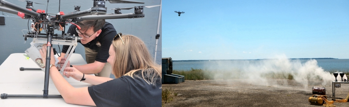 Left: Navy scientist Charles Miller and mathematician Jessica Hildebrand perform pre-flight checks on the SCAPEGOAT chemical, biological, and radiological (CBR) detection system. The SCAPEGOAT system - developed by a team of Naval Surface Warfare Center Dahlgren Division junior scientists and engineers - demonstrates the capability to deploy a modular CBR sensor system aboard multiple unmanned aerial vehicle platforms.

Right: An octocopter equipped with the SCAPEGOAT chemical, biological, and radiological (CBR) detection system approaches a biological simulant release during testing at the Potomac River Test Range. The SCAPEGOAT system - designed to deploy on multiple unmanned aerial vehicle platforms, including multi-rotor and fixed wing aircraft - was developed via the Naval Surface Warfare Center Dahlgren Division sponsored Sly Fox Program from January to June 2017.
