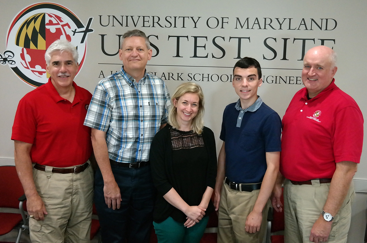 From left, University of Maryland UAS Test Site Director Matt Scassero, CSM Assistant Professor Byron Brezina, CSM students Kristina Babinski and Edward Gesser III and UMD UAS Test Site Director of Operations Tony Pucciarella gather after the summer intern project out briefs were completed at the test site in California.