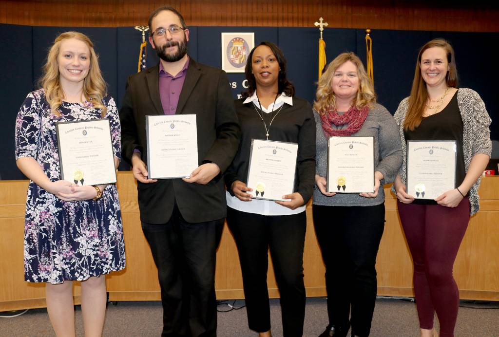 The Board of Education at its Jan. 8 meeting honored five Charles County Public Schools (CCPS) staff members for their commitment to teaching and learning, and their support of student success. Honored were, from left, Meagan Fox, fifth-grade teacher at Arthur Middleton Elementary School; Nathan Mouli, social studies teacher at Maurice J. McDonough High School; Kristen Barrett, social studies teacher at Milton M. Somers Middle School; Kelly Kavlick, reading resource teacher at Gale-Bailey Elementary School; and Robin Figurelle, fourth-grade teacher at Mary H. Matula Elementary School.