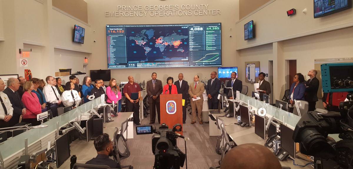 Prince George's County Executive Angela Alsobrooks and members of her staff and cabinet announce three new cases of the novel coronavirus at the Emergency Operations Center in Landover, Maryland, on March 10, 2020. (Hugh Garbrick)