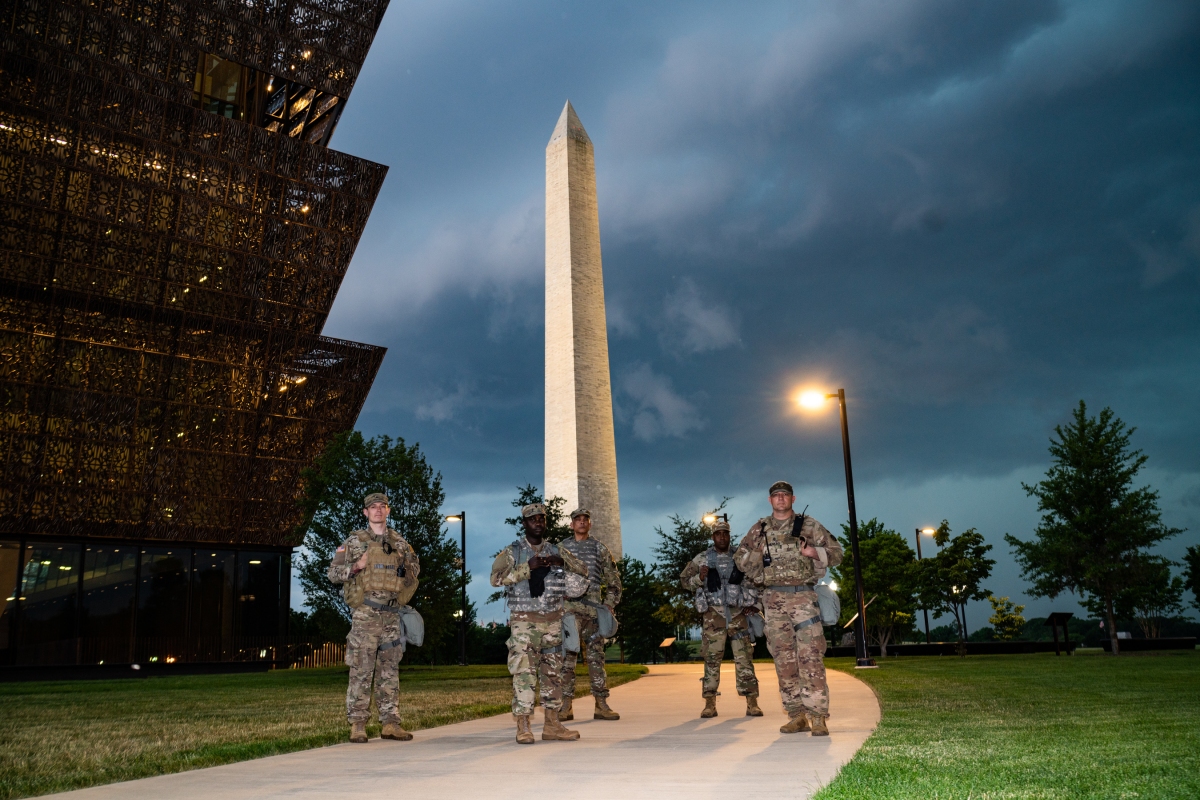 More than 100 Soldiers from the Maryland Army National Guard provided a nightly security presence over historical landmarks along the National Mall at night in response to civil unrest in Washington D.C. on June 6, 2020. (U.S. Army National Guard Photo by Sgt. 1st Class Thaddeus Harrington)