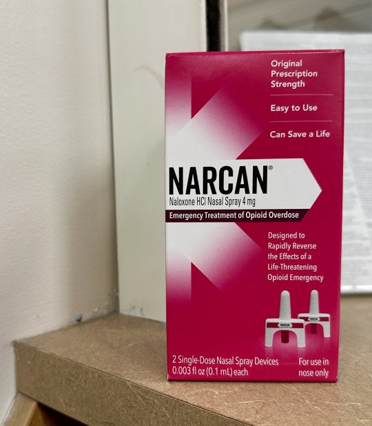 A box of Narcan nasal spray, the opioid-reversing medication that has been approved for over-the-counter use, sits on a pharmacy counter on Feb. 22, 2024. (Photo: Sapna Bansil)